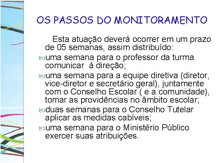 OS PASSOS DO MONITORAMENTO Esta atuação deverá ocorrer em um prazo de 05 semanas,