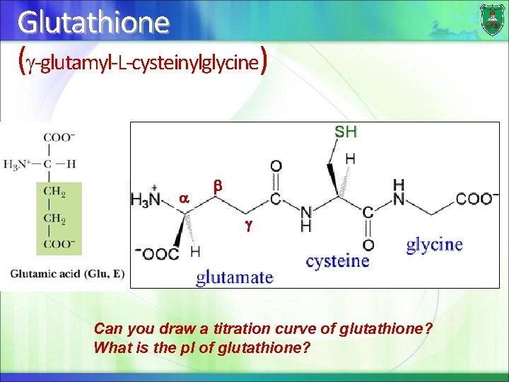 Glutathione ( -glutamyl-L-cysteinylglycine) Can you draw a titration curve of glutathione? What is the