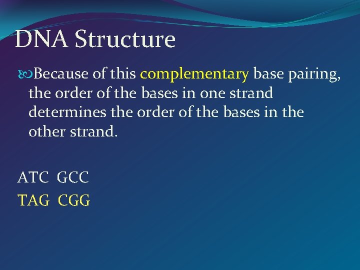 DNA Structure Because of this complementary base pairing, the order of the bases in