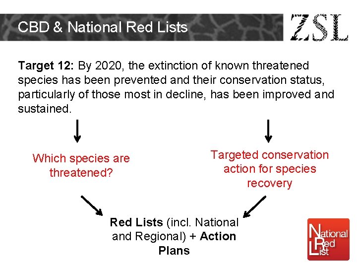 CBD & National Red Lists Target 12: By 2020, the extinction of known threatened CBD & National Red Lists Target 12: By 2020, the extinction of known threatened