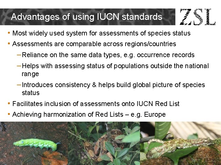 Advantages of using IUCN standards • Most widely used system for assessments of species Advantages of using IUCN standards • Most widely used system for assessments of species