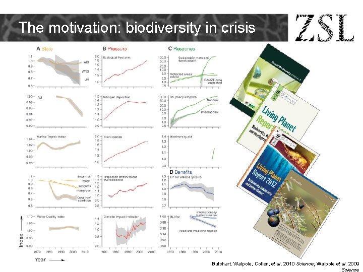 The motivation: biodiversity in crisis Butchart, Walpole, Collen, et al. 2010 Science; Walpole et The motivation: biodiversity in crisis Butchart, Walpole, Collen, et al. 2010 Science; Walpole et