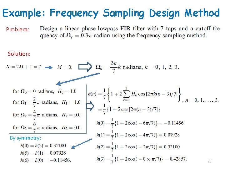 Example: Frequency Sampling Design Method Problem: Solution: By symmetry: 28 