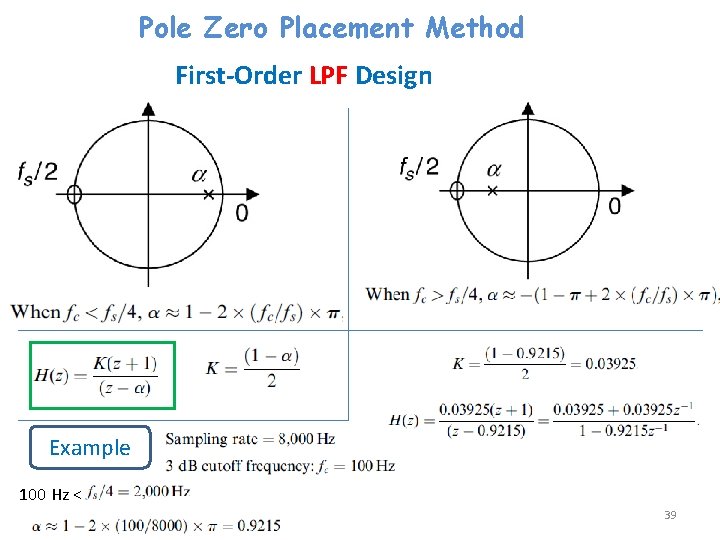 Pole Zero Placement Method First-Order LPF Design Example 100 Hz < 39 