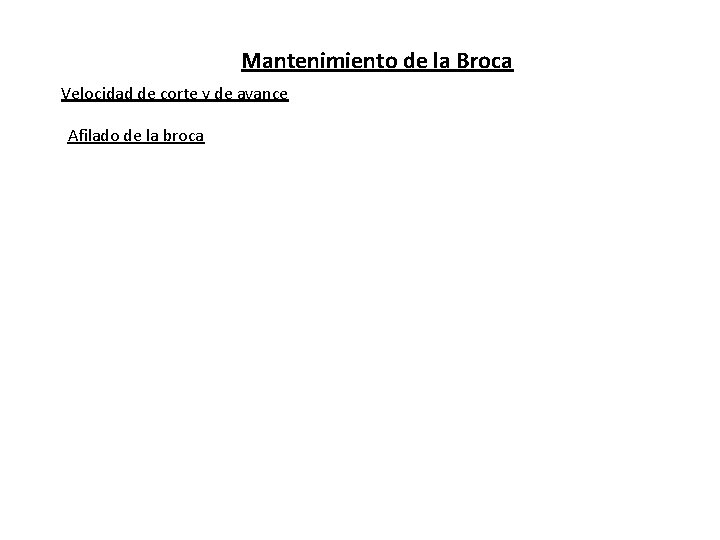 Mantenimiento de la Broca Velocidad de corte y de avance Afilado de la broca