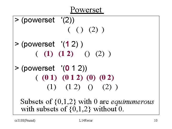 Powerset > (powerset '(2)) ( ( ) (2) ) > (powerset '(1 2) ) Powerset > (powerset '(2)) ( ( ) (2) ) > (powerset '(1 2) )