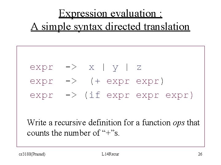 Expression evaluation : A simple syntax directed translation expr -> x | y | Expression evaluation : A simple syntax directed translation expr -> x | y |