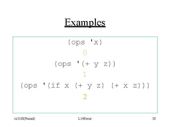 Examples (ops 'x) 0 (ops '(+ y z)) 1 (ops '(if x (+ y Examples (ops 'x) 0 (ops '(+ y z)) 1 (ops '(if x (+ y