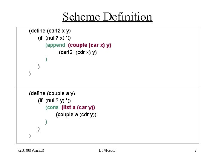 Scheme Definition (define (cart 2 x y) (if (null? x) '() (append (couple (car Scheme Definition (define (cart 2 x y) (if (null? x) '() (append (couple (car