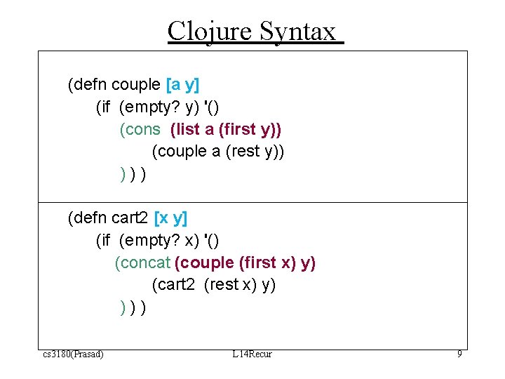 Clojure Syntax (defn couple [a y] (if (empty? y) '() (cons (list a (first