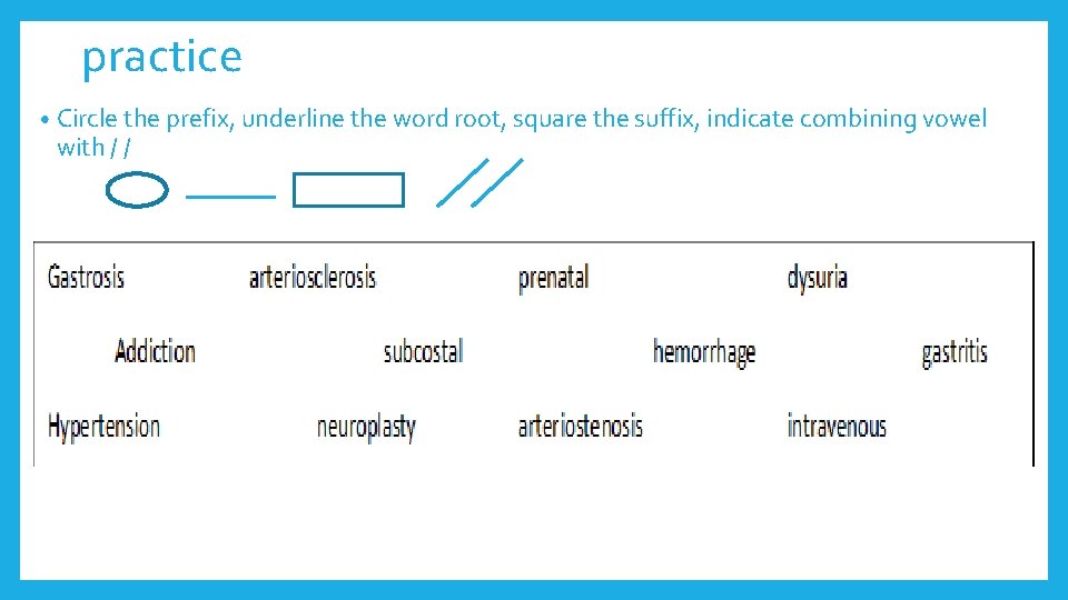 practice • Circle the prefix, underline the word root, square the suffix, indicate combining