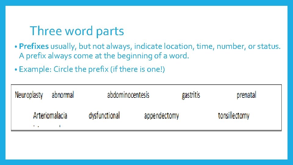 Three word parts • Prefixes usually, but not always, indicate location, time, number, or