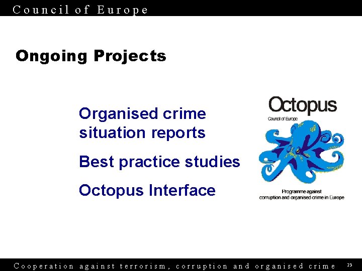 Council of Europe Ongoing Projects Organised crime situation reports Best practice studies Octopus Interface