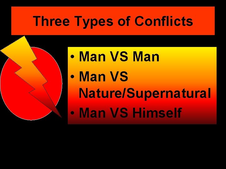 Three Types of Conflicts • Man VS Man • Man VS Nature/Supernatural • Man