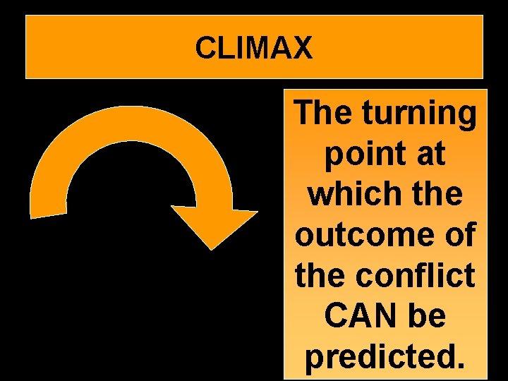 CLIMAX The turning point at which the outcome of the conflict CAN be predicted.