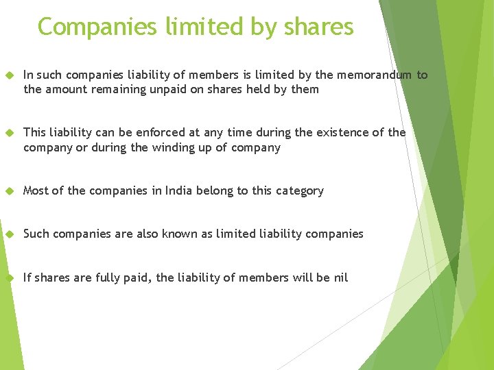 Companies limited by shares In such companies liability of members is limited by the