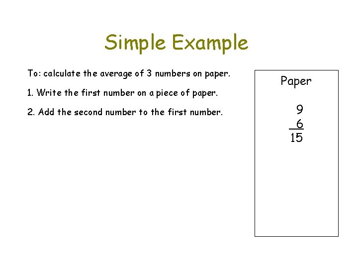 Simple Example To: calculate the average of 3 numbers on paper. 1. Write the
