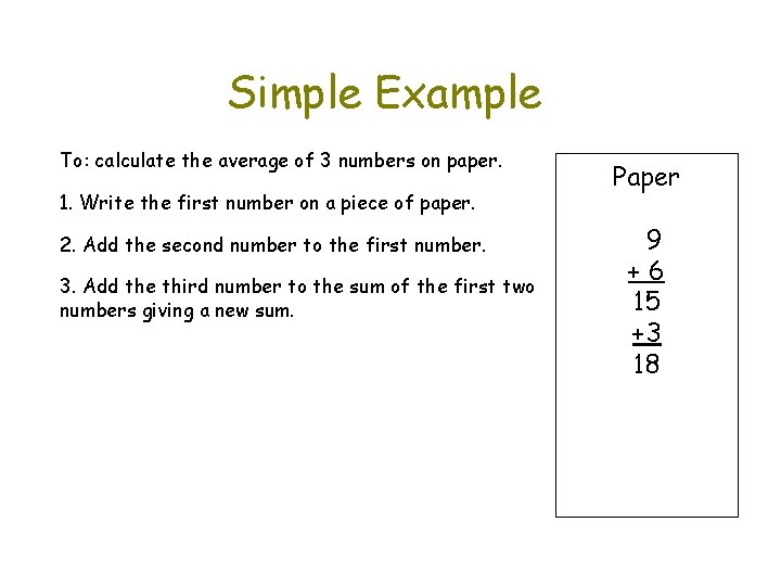 Simple Example To: calculate the average of 3 numbers on paper. 1. Write the