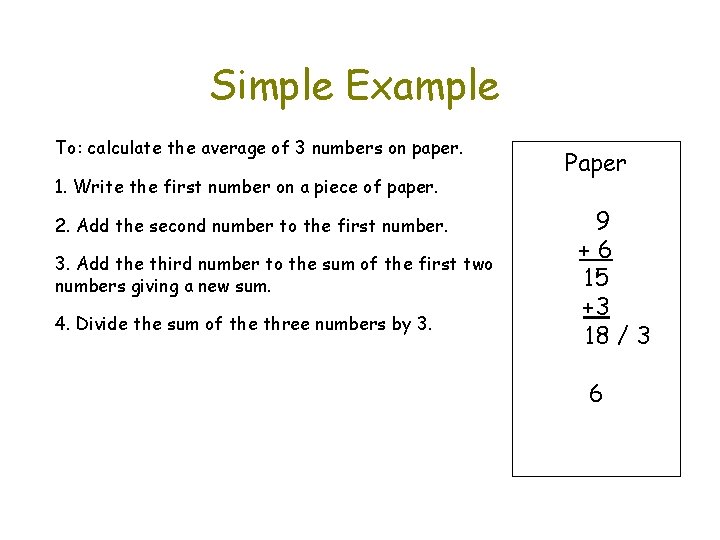 Simple Example To: calculate the average of 3 numbers on paper. 1. Write the