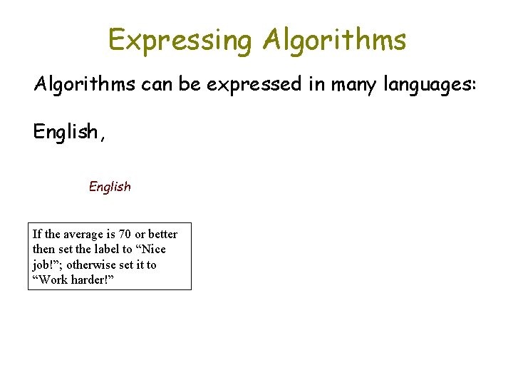 Expressing Algorithms can be expressed in many languages: English, English If the average is