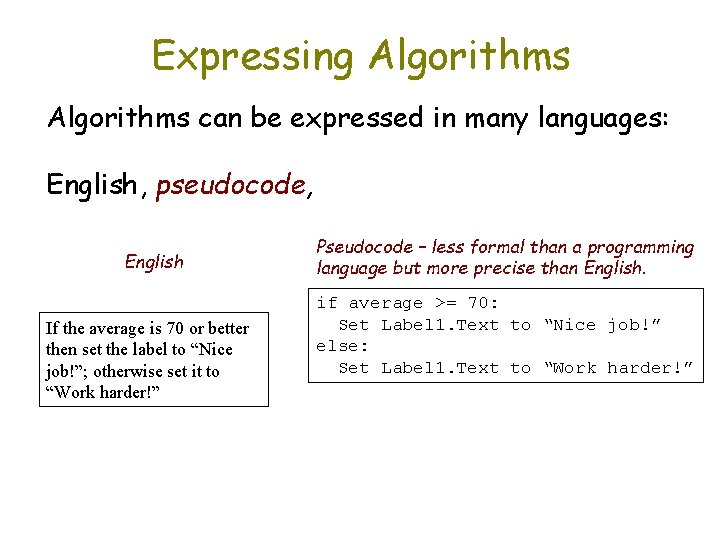 Expressing Algorithms can be expressed in many languages: English, pseudocode, English If the average