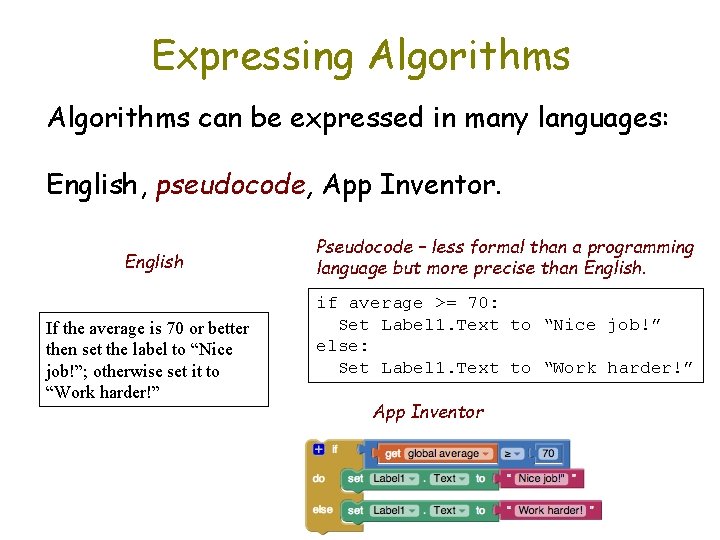 Expressing Algorithms can be expressed in many languages: English, pseudocode, App Inventor. English If