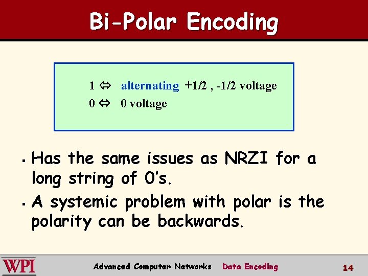 Bi-Polar Encoding 1 alternating +1/2 , -1/2 voltage 0 0 voltage Has the same