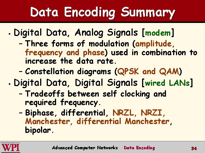 Data Encoding Summary § § Digital Data, Analog Signals [modem] – Three forms of