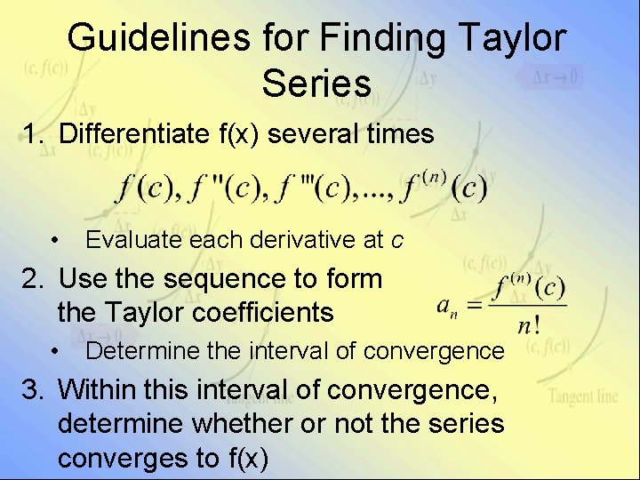 Guidelines for Finding Taylor Series 1. Differentiate f(x) several times • Evaluate each derivative