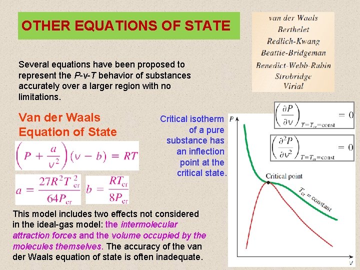 OTHER EQUATIONS OF STATE Several equations have been proposed to represent the P-v-T behavior