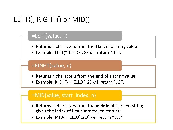 LEFT(), RIGHT() or MID() =LEFT(value, n) • Returns n characters from the start of