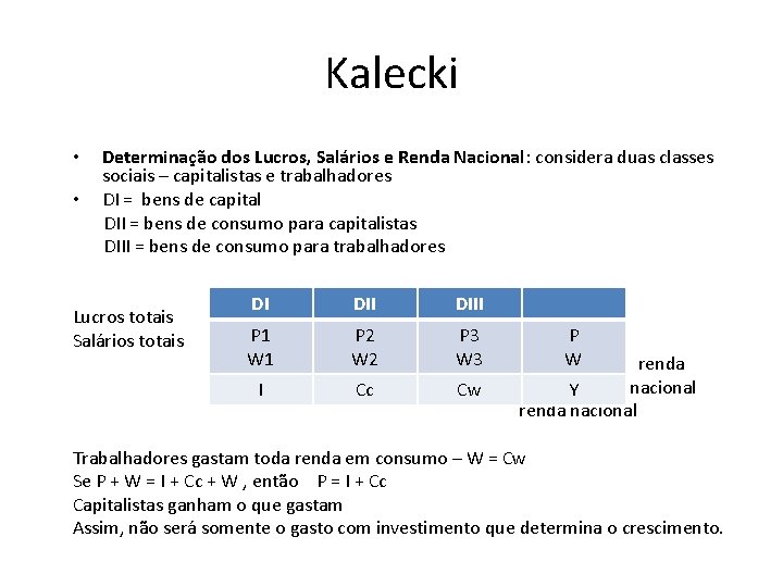 Kalecki • • Determinação dos Lucros, Salários e Renda Nacional: considera duas classes sociais