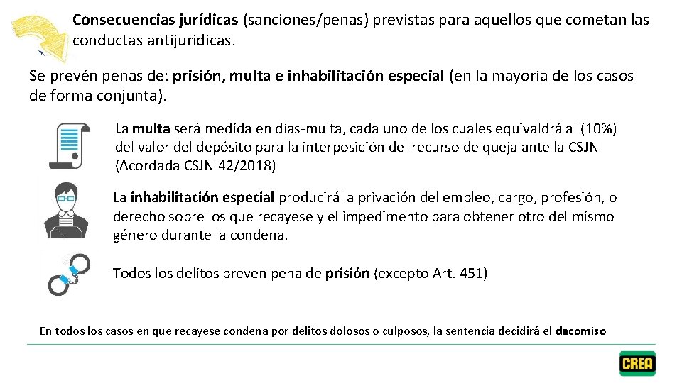 Consecuencias jurídicas (sanciones/penas) previstas para aquellos que cometan las conductas antijuridicas. Se prevén penas