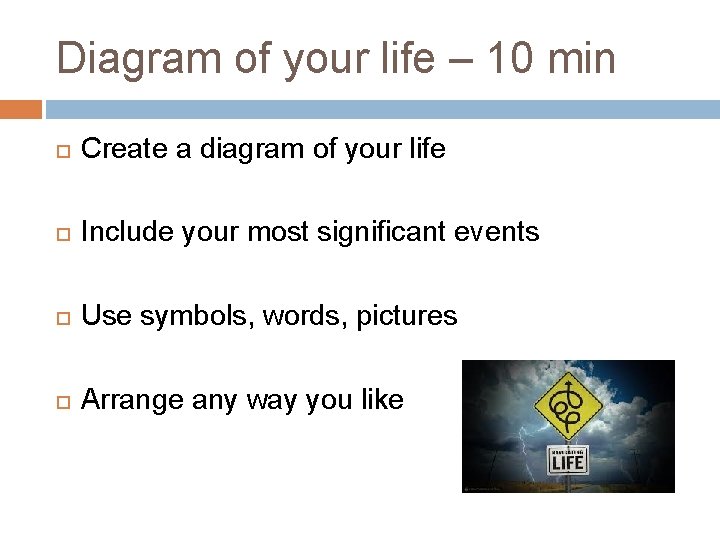 Diagram of your life – 10 min Create a diagram of your life Include
