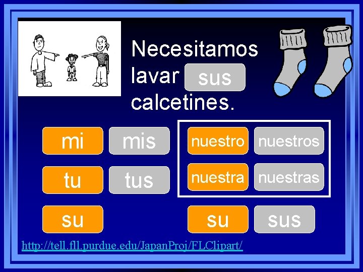 Necesitamos lavar ____ sus calcetines. mi mis nuestros tu tus nuestras su su http: