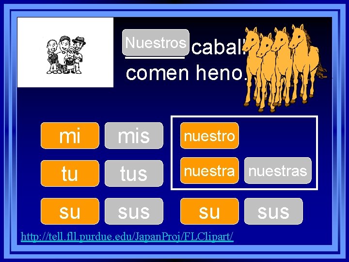 Nuestros _____ caballos comen heno. mi mis nuestro tu tus nuestras su sus su