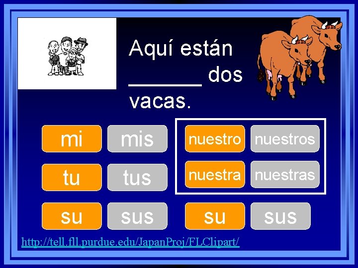 Aquí están ______ dos vacas. mi mis nuestros tu tus nuestras su sus su