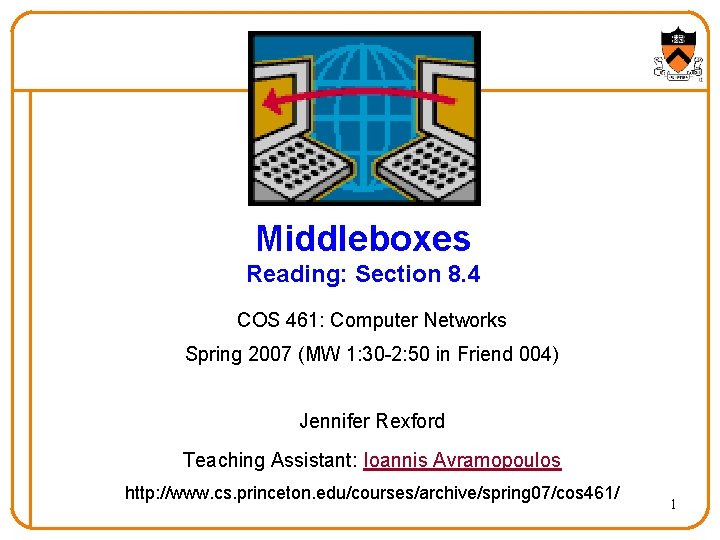 Middleboxes Reading: Section 8. 4 COS 461: Computer Networks Spring 2007 (MW 1: 30