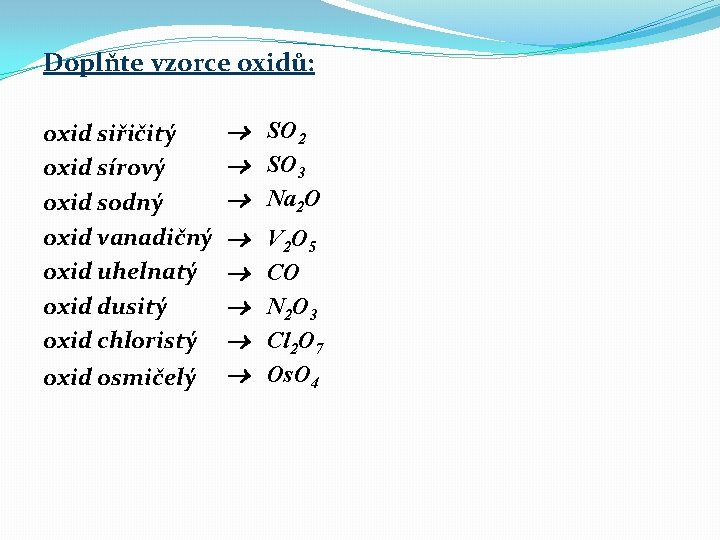 Doplňte vzorce oxidů: oxid siřičitý oxid sírový oxid sodný oxid vanadičný oxid uhelnatý oxid