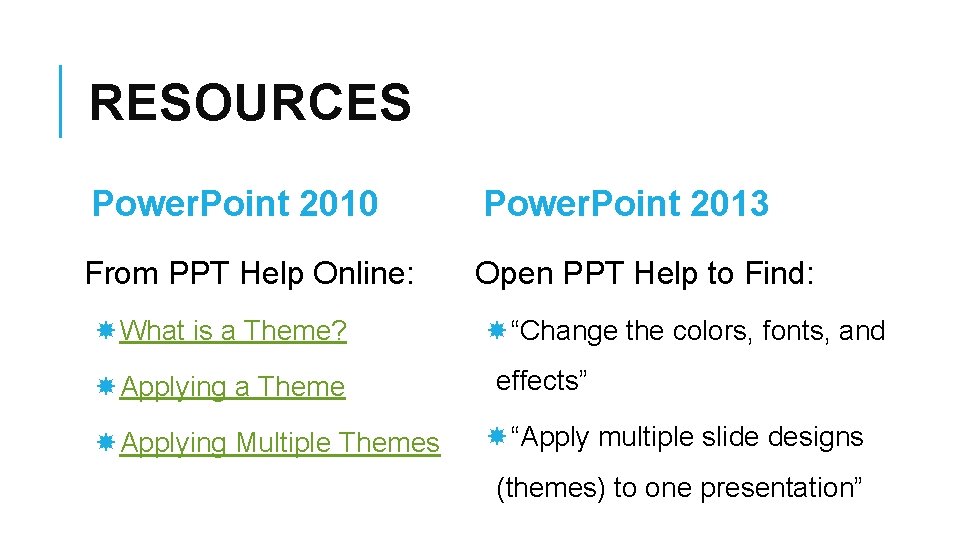 RESOURCES Power. Point 2010 Power. Point 2013 From PPT Help Online: Open PPT Help