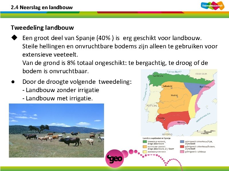 2. 4 Neerslag en landbouw Tweedeling landbouw u Een groot deel van Spanje (40%