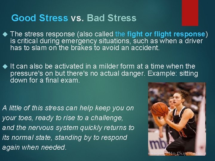 Good Stress vs. Bad Stress The stress response (also called the fight or flight