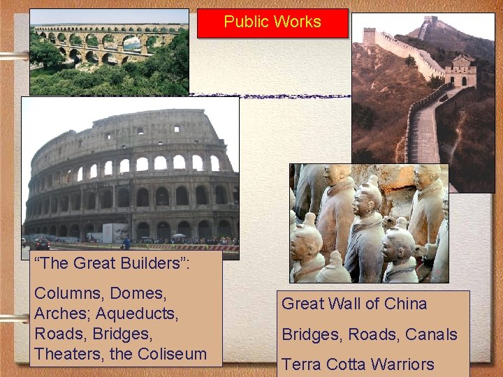 Public Works “The Great Builders”: Columns, Domes, Arches; Aqueducts, Roads, Bridges, Theaters, the Coliseum