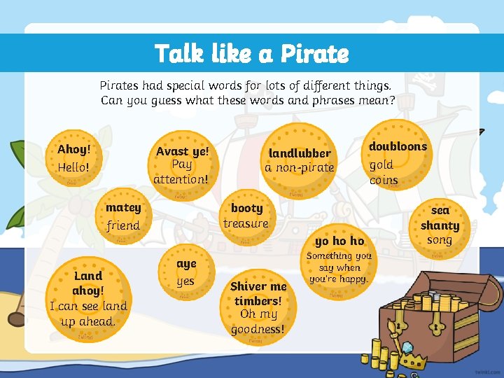 Talk like a Pirates had special words for lots of different things. Can you