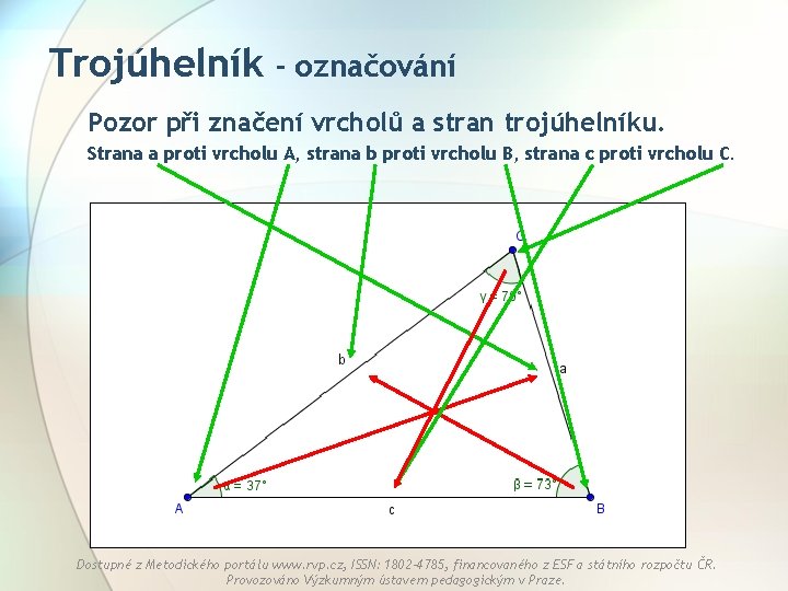 Trojúhelník - označování Pozor při značení vrcholů a stran trojúhelníku. Strana a proti vrcholu