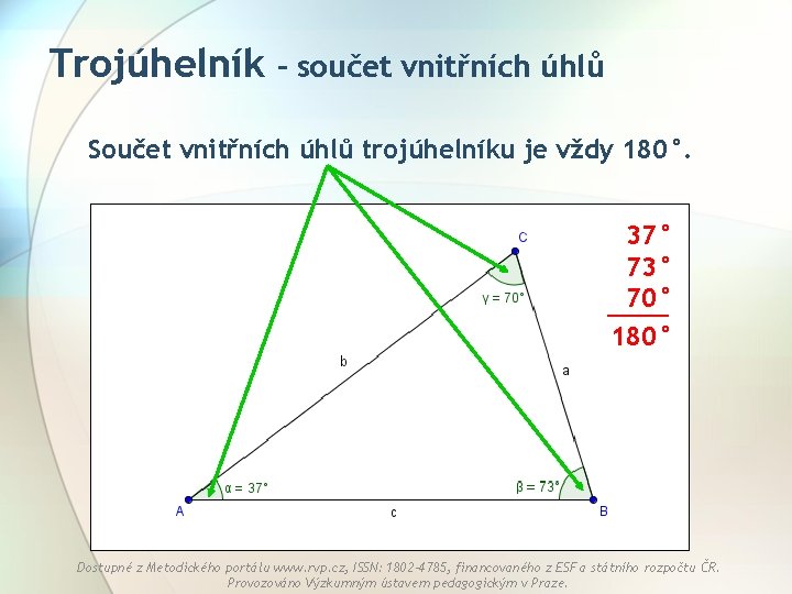 Trojúhelník – součet vnitřních úhlů Součet vnitřních úhlů trojúhelníku je vždy 180°. 37° 73°