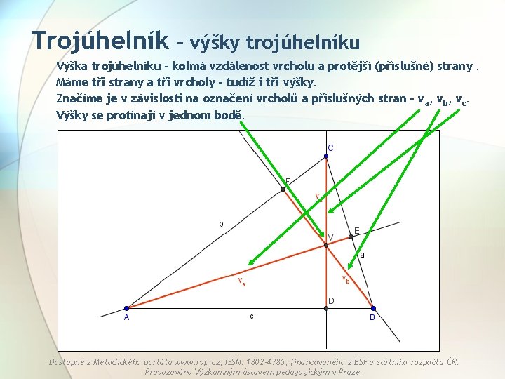 Trojúhelník – výšky trojúhelníku Výška trojúhelníku – kolmá vzdálenost vrcholu a protější (příslušné) strany.