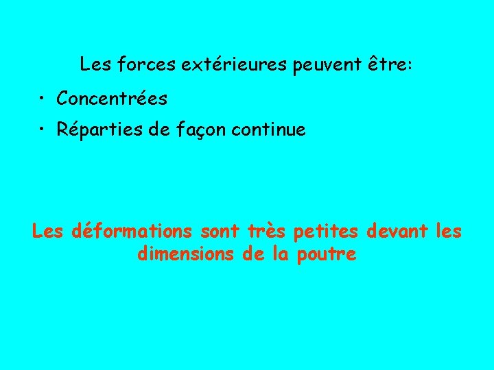 Les forces extérieures peuvent être: • Concentrées • Réparties de façon continue Les déformations