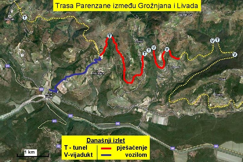 Trasa Parenzane između Grožnjana i Livada T Današnji izlet T - tunel pješačenje V-vijadukt