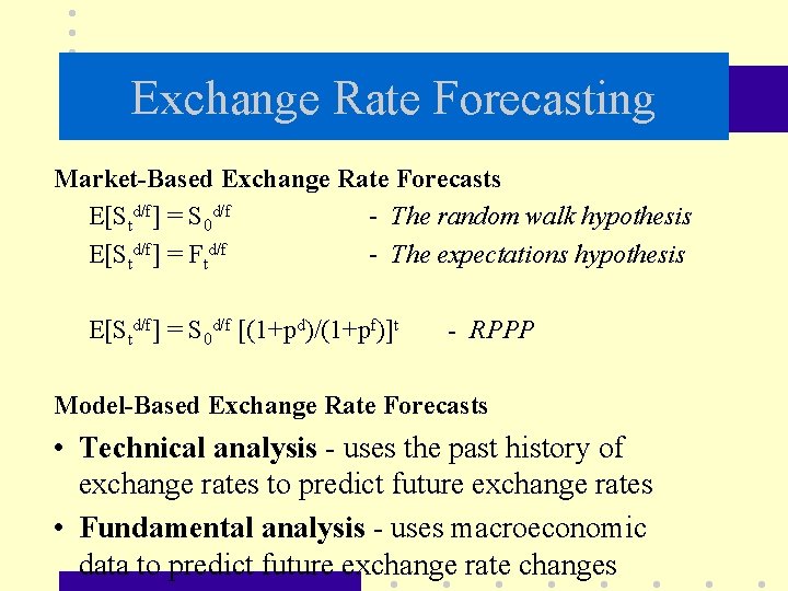 Exchange Rate Forecasting Market-Based Exchange Rate Forecasts E[Std/f] = S 0 d/f - The